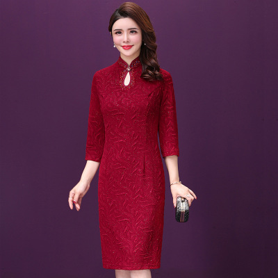 2019 Autumn and winter Cheongsam skirt new pattern Elastic force knitting mom full dress Large Original quality Manufactor wholesale