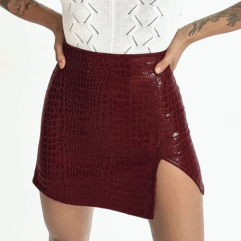 solid color crocodile pattern split leather short skirt sexy  NSXE34778