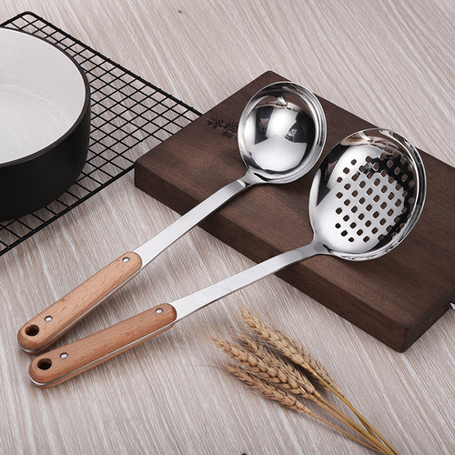Non-magnetic thick stainless steel porridge spoon solid wood handle spatula Stainless steel household cooking spatula spoon kitchen utensil set