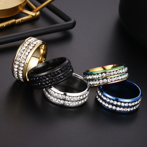 Cross-border European and American titanium steel diamond ring wholesale Korean style jewelry double row diamond zircon jewelry hot selling stainless steel ring