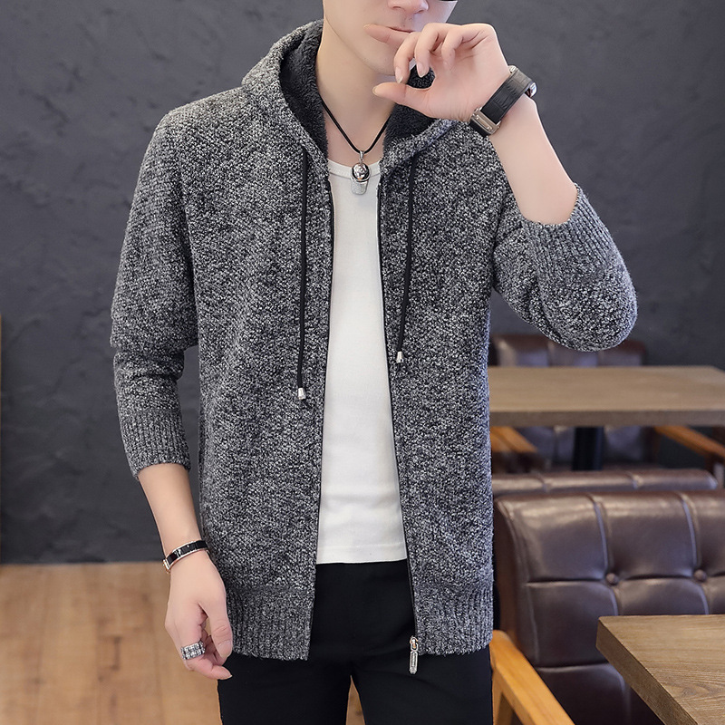 Autumn and winter new men's Plush thickened large hooded cardigan sweater men's solid color sweater student coat top