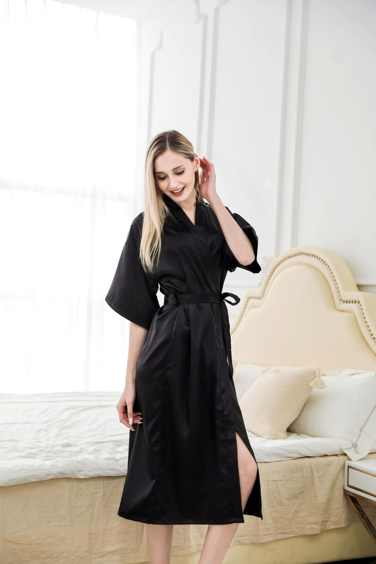 现货供应长款睡袍 丝绸睡衣纯色新娘晨袍 女宽松开衫和服浴衣-阿里巴巴
