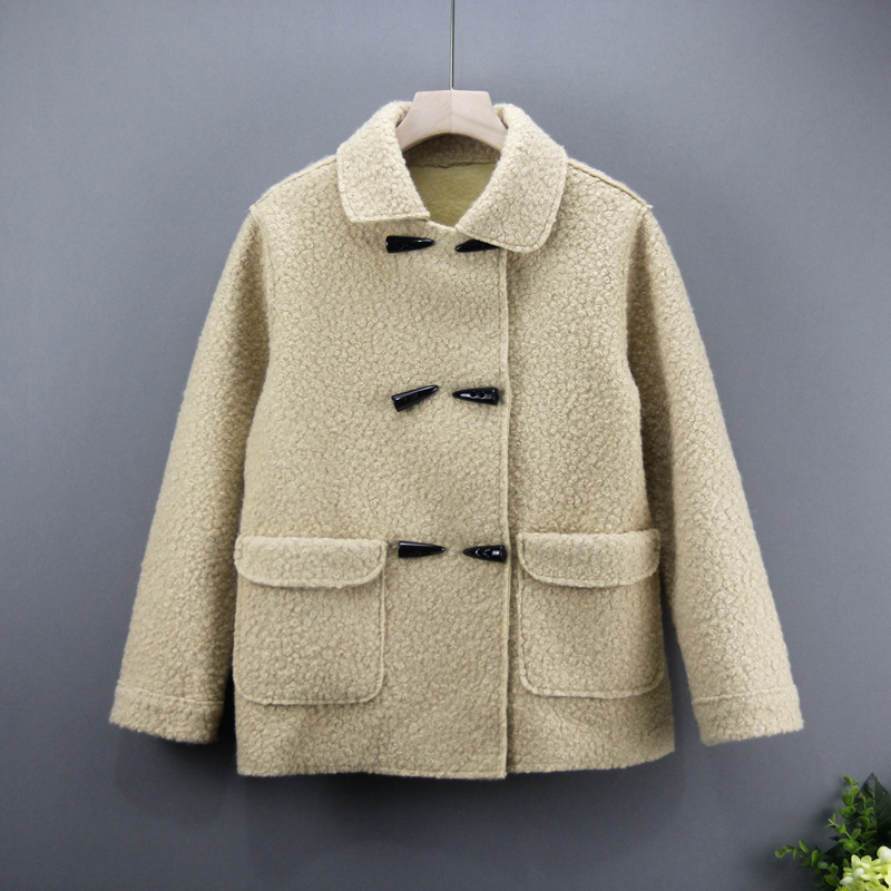 创意款2019秋冬季都市休闲韩版翻领直筒型女式毛呢外套工厂批发