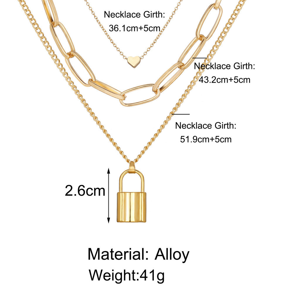 Multi-layer Necklace Peach Heart Lock Pendant Three-layer Sweater Chain display picture 1