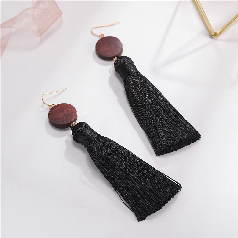 Retro Trendy Long Black Fringe Wood Earrings Wholesale Jewelry Women display picture 5