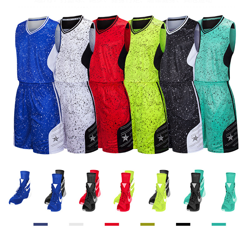 跨境專供現貨迷彩籃球服 男籃球衣訓練服 兒童定制雙側袋套裝