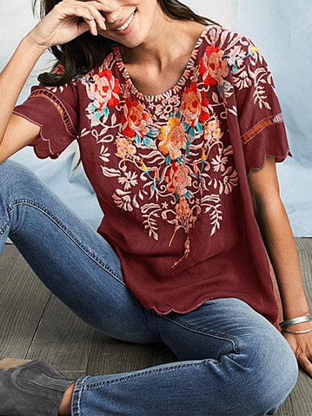 2020 summer European and American foreign trade women's clothing Amazon short sleeve embroidery top embroidered shirt Round Neck Shirt New Style