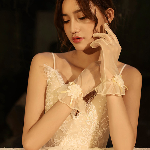 Wedding gloves wedding ceremony white bridal gloves performance photo small chrysanthemum short mesh gloves champagne 1006