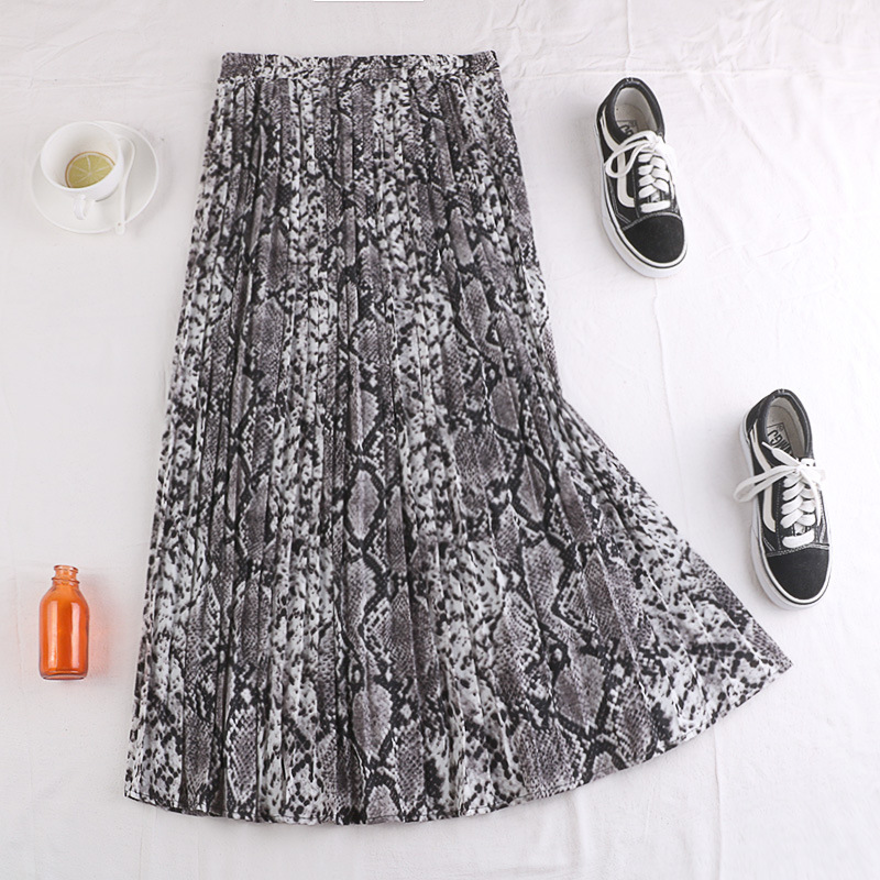 Leopard Pleated Skirt New Korean High Waist Slim Snake Print Medium Length Skirt Women's Skirt