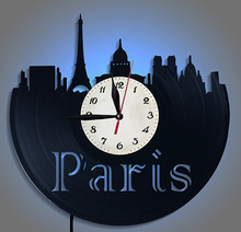 跨境爆款 Paris黑膠唱片掛鍾LED夜燈法國巴黎藝術創意時鍾表裝飾