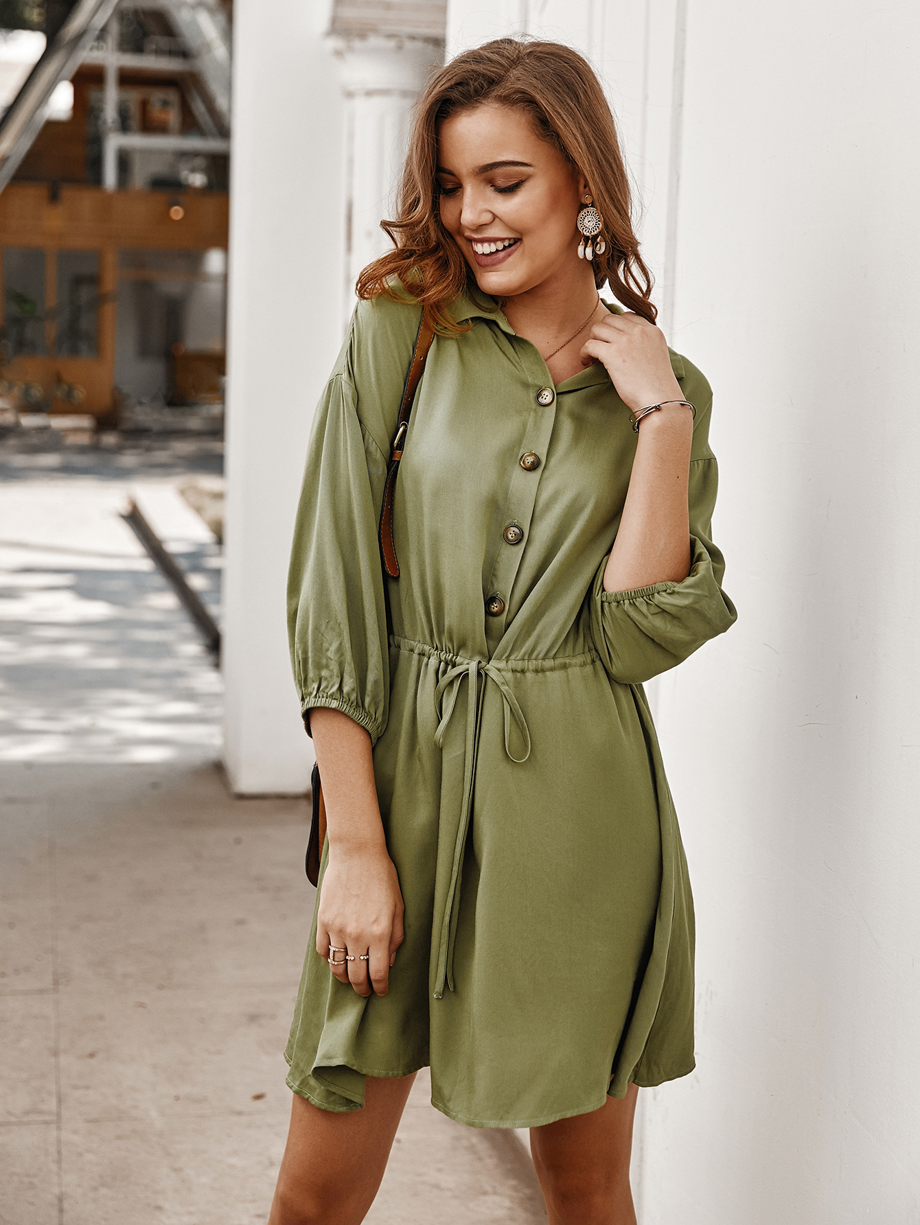 pure color lapel long-sleeved buttoned dress nihaostyles wholesale clothing NSDY85993