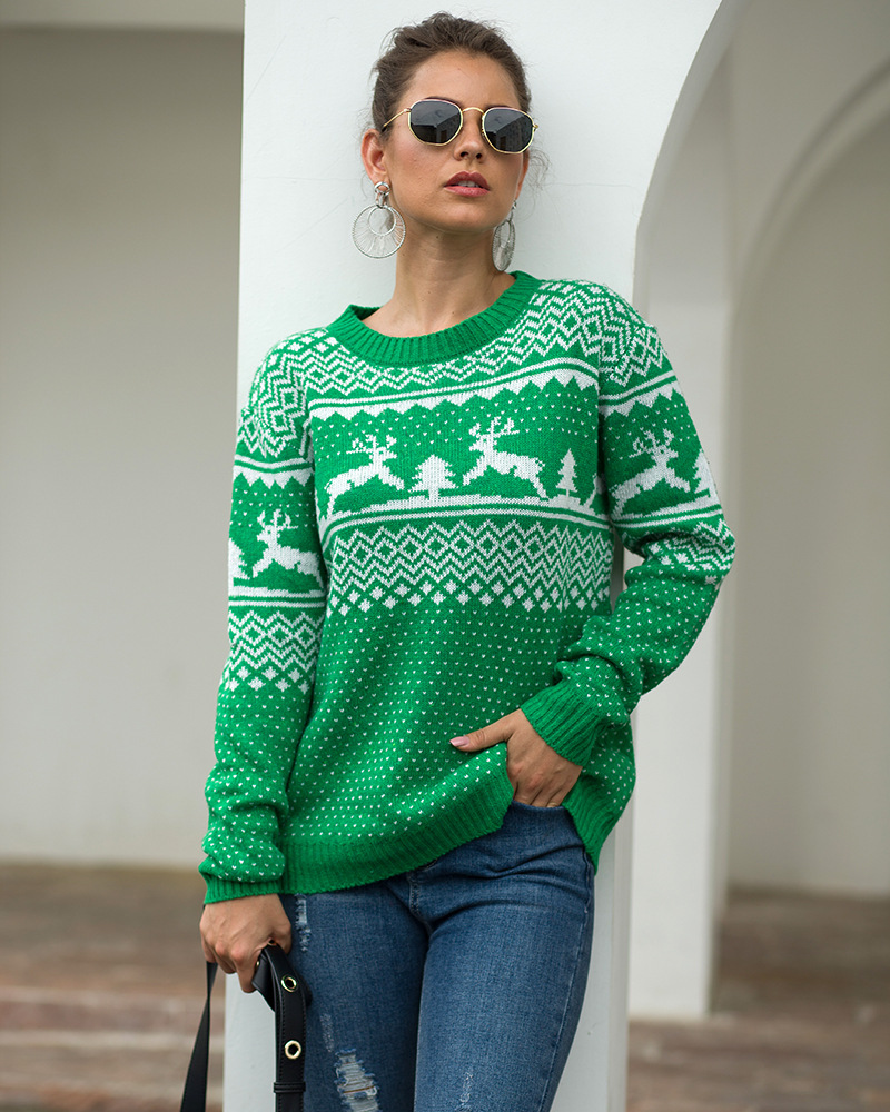 round neck deer jacquard sweater nihaostyles wholesale clothing NSMMY82660