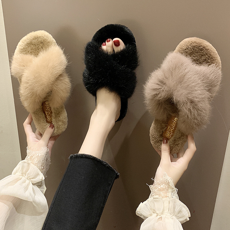 Black Cross Fur Slippers