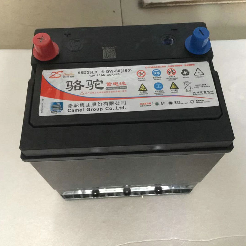 骆驼蓄电池现货批发55D23免维护12V摩托车启动铅酸蓄电池