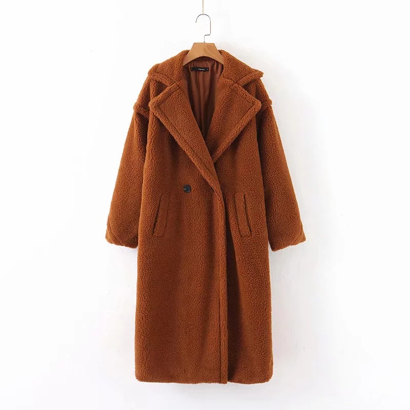 Cotton-padded thick lapel long lamb wool coat NSAC16295