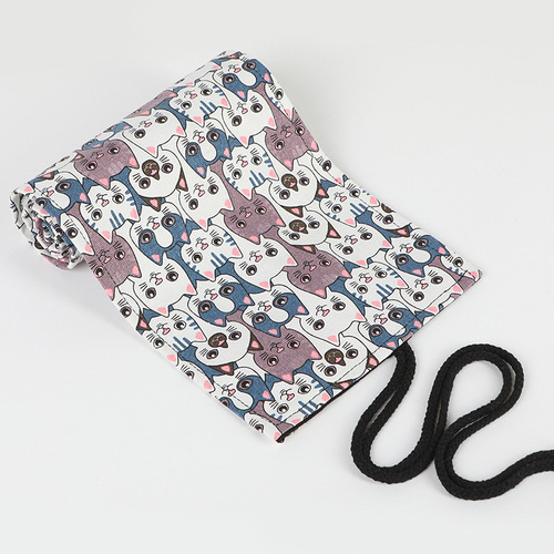 Big head cat print canvas pen curtain 12 24 36 48 72 holes large capacity pencil bag color lead sketch stationery bag