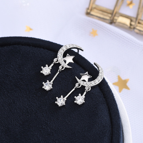s925 silver Korean version star moon tassel earrings zircon face slimming earrings dropshipping