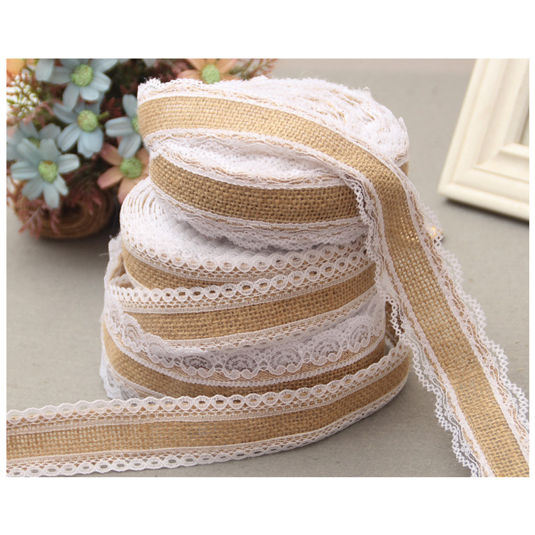蕾丝麻布卷DIY圣诞工艺装饰麻布卷麻绳编织带 两头蕾丝缎带
