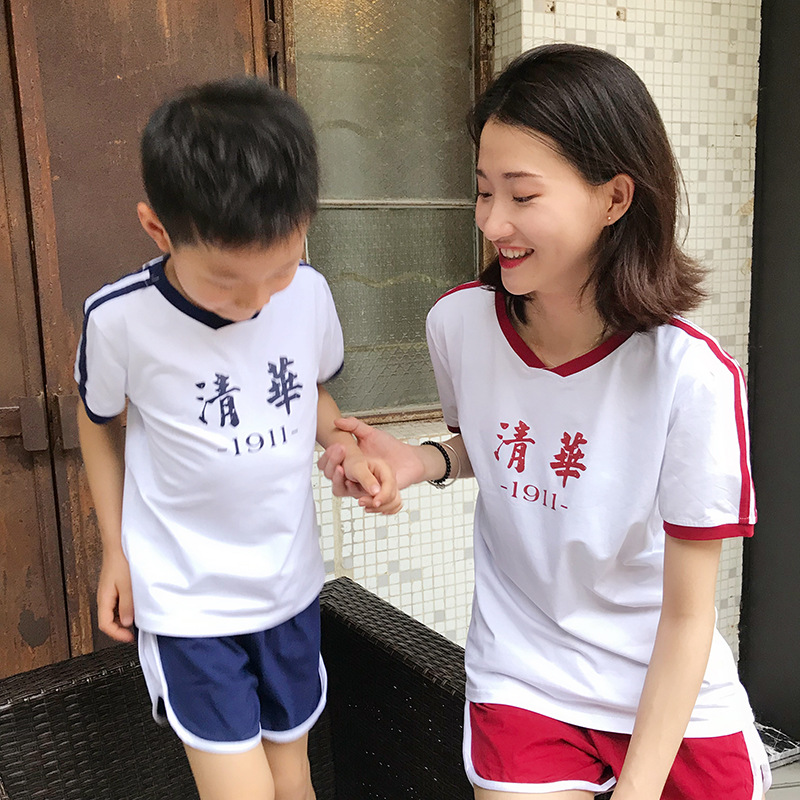 19年春夏ins爆款男童女童宝宝休闲北大清华套装印花短袖T恤亲子装