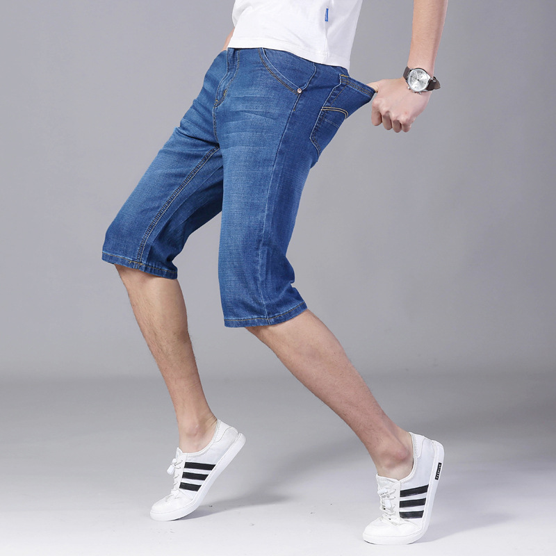 summer Cropped Trousers Thin section cowboy shorts Elastic force Self cultivation Straight Large Jeans Young men Casual pants