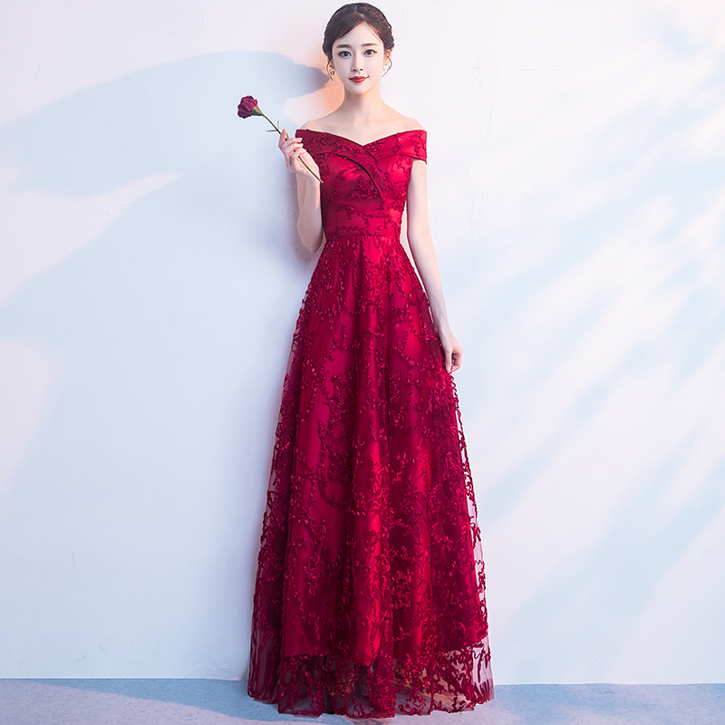 Rojo tostada vestido de novia 2024 otoño fuera del hombro largo elegante Banquete de verano y otoño vestido de noche para las mujeres image 5
