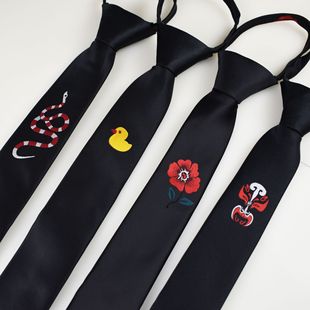 Men's Distinctive Embroidered Pattern Tie 5cm Men's Korean Style Black Tie Men's Wedding Zipper for Lazy Men