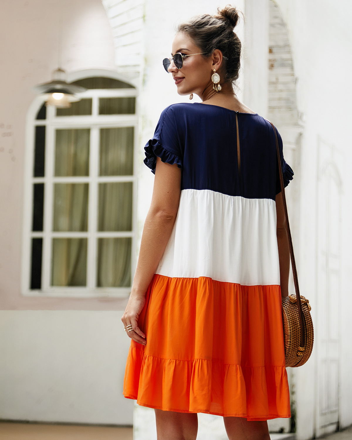 Autumn And Winter New Color Contrast Patchwork Dress A- Line Skirt in Dresses