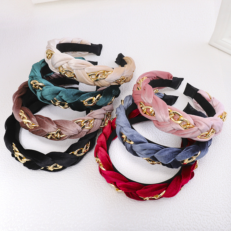 Twist Braid Wide-brimmed Gold Velvet Metal Chain Headband Wholesale display picture 15