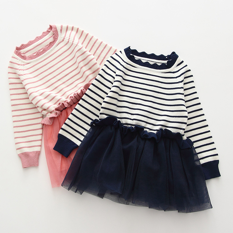 Vestido de suéter de primavera y otoño para niñas Vestido de princesa de encaje a rayas europeo y americano falso falda de dos piezas para niños de lana