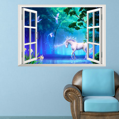 新款外貿熱賣3d立體獨角獸假窗戶客廳電視背景牆貼紙 批發 14155S