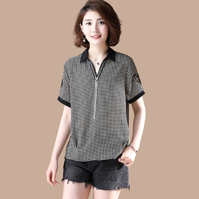 Chiffon Shirt Moisture Checker Shirt V-neck Summer New Loose Top