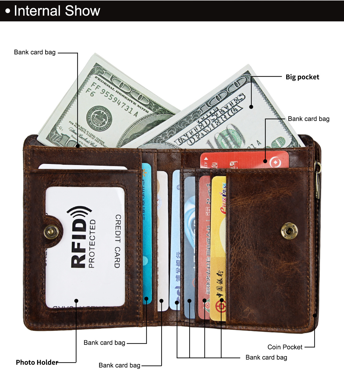 محفظة جلدية الرجعية محفظة مكافحة سرقة فرشاة عارضة محفظة display picture 7