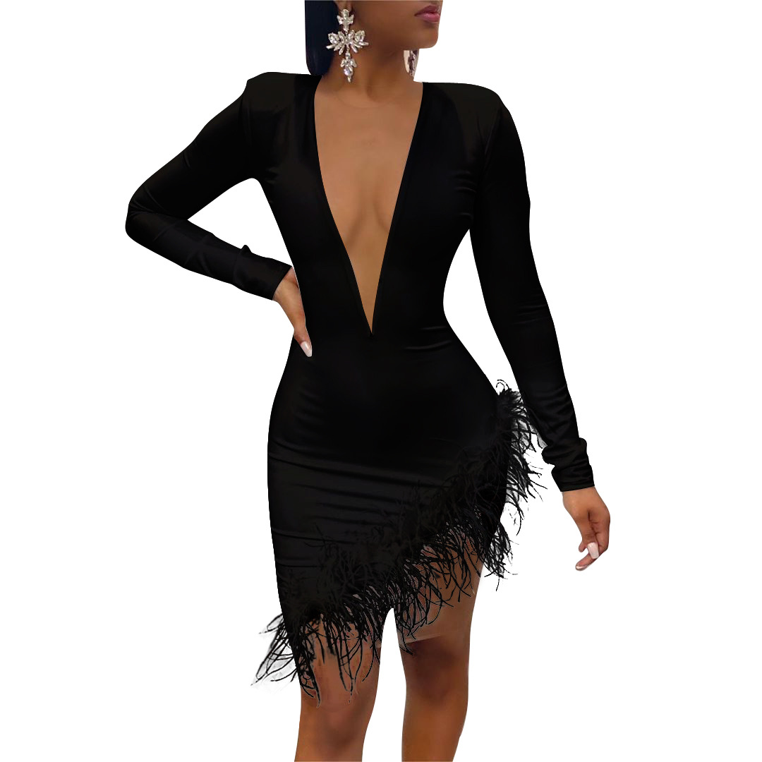 Women's Clothing YT3198 One Piece Women's Feather Mesh Splicing Dress_voghion.com