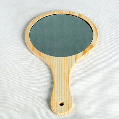 木质台式化妆镜实木复古镜子松木手把日式高清玻璃镜片欧式美容镜