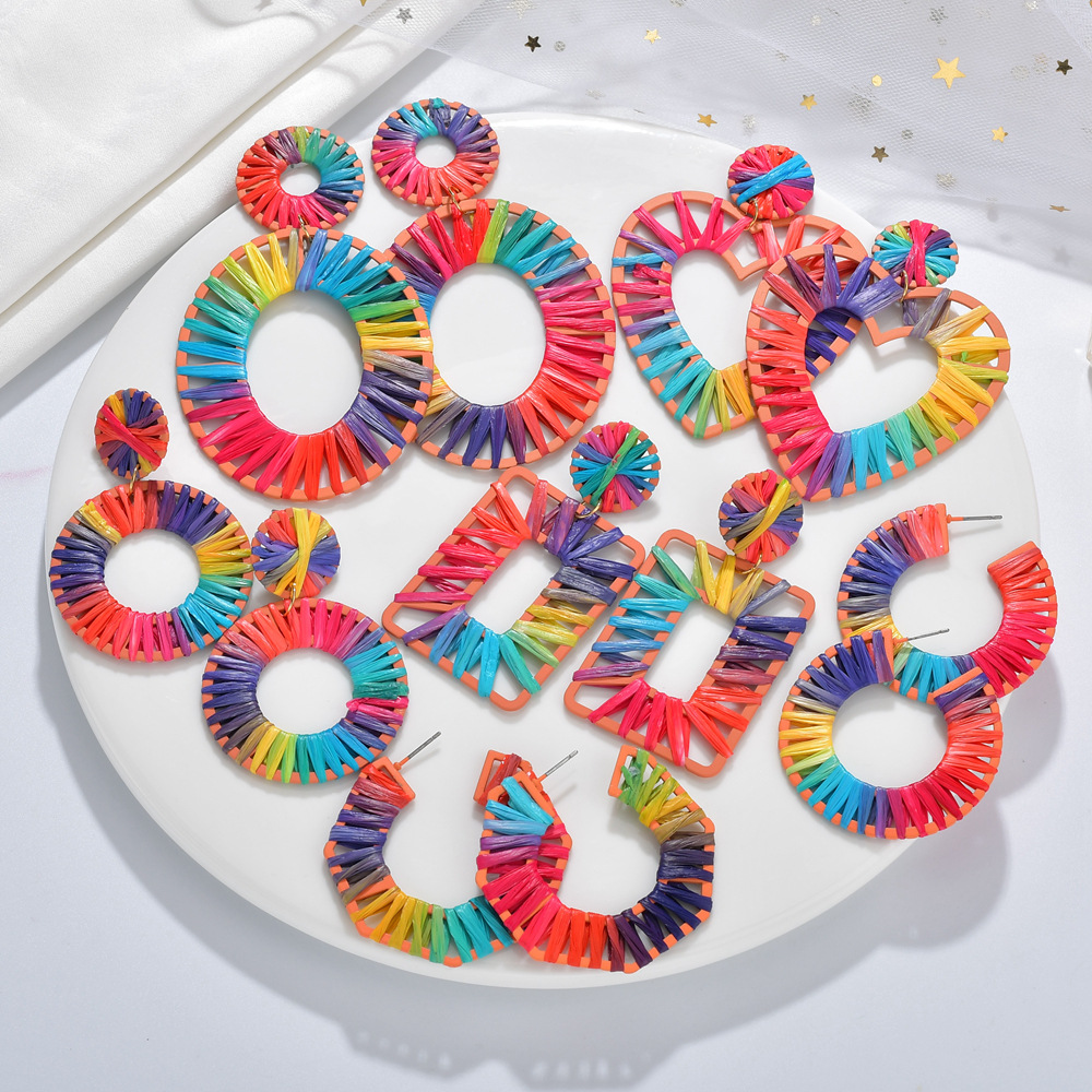 Geometric Pattern Women'S Gender New Fashion Spray Paint Colorful Raffia Earrings