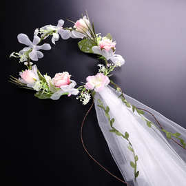 韩系新娘头纱花环欧式婚礼玫瑰仿真花婚纱头纱新娘夏威夷拍照头饰