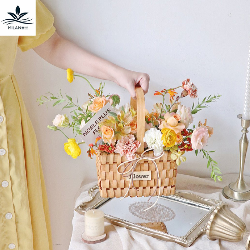 Cesta de flores de madera tejida a mano pequeña pieza de madera rectangular cesta de flores portátil flor floral arreglo floral cesta suculenta planta cesta de flores