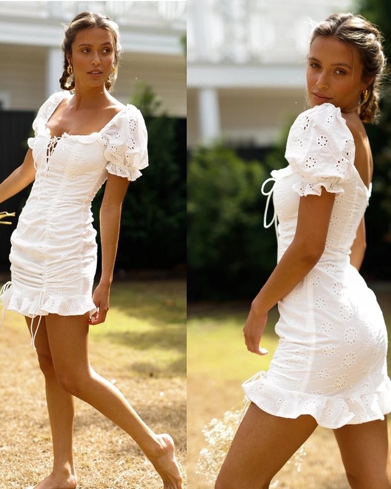 Above Knee Dress Length Type Short Sleeve Sleeve Length Wholesale Women's Simple Style Solid Color Daily Date Square Neck Short Sleeve Sheath Dress