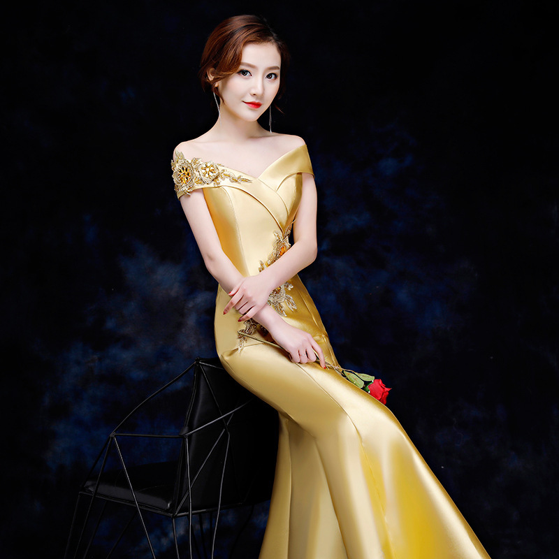 Evening Dresses cocktail party banquet dress vestido de banquete de cctel  Golden evening dress dress dress one shoulder fishtail dress show dress  women's meeting