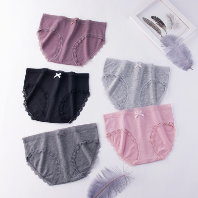 2019新款中腰女士三角裤性感蕾丝边柔软透气高弹力莫代尔棉内裤女|ru