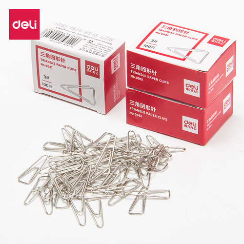 Deli 0051 Triangular Paperclip 3# Metal Triangular Paperclip Thickened Electroplating 100 pieces/box