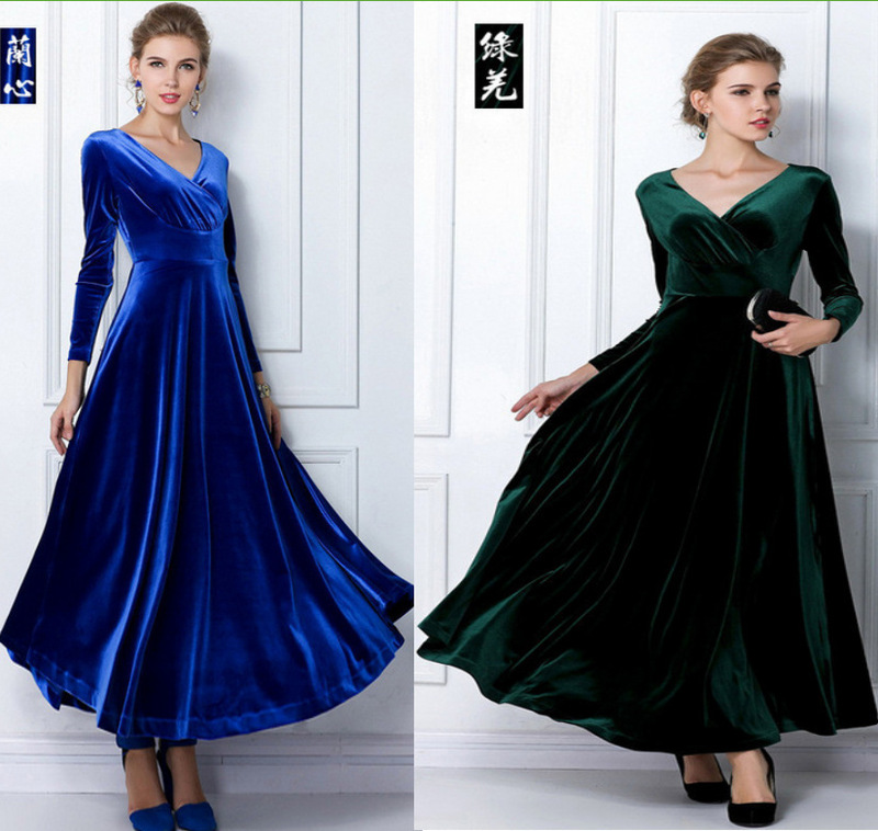 European and American Amazon women's long sleeve dress gold velvet super long dress V-neck dress spot European and American Amazon women's long sleeve dress gold velvet super long dress V-neck dress spot
