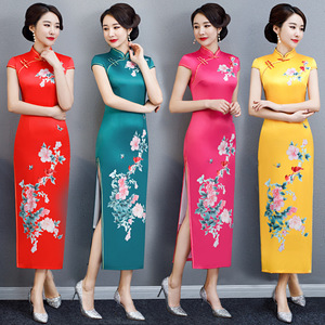 Chinese Dresses Qipao for women robe chinoise cheongsam Ceremonial dress with short sleeve stand collar and long double layer cheongsam dress