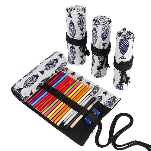 Creative Handmade Canvas Pen Sleeve for Sardine Fish 24/36/48/72 Hole Sketching Colored Pencil Lead Holder and Storage Case