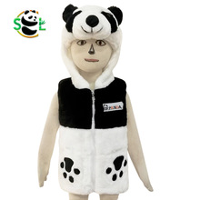 川蜀乐熊猫马甲无袖外套可爱动物卡通刺绣毛绒连帽亲子装黑白拼接