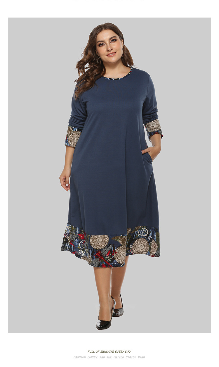 plus size loose round neck stitching long-sleeved mid-length dress  NSJR52369