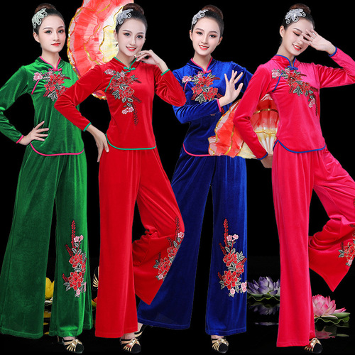 Chinese Folk Dance Dress Square dance dress women&apos;s suit golden velvet dance performance dancing clothes Yangko Costume