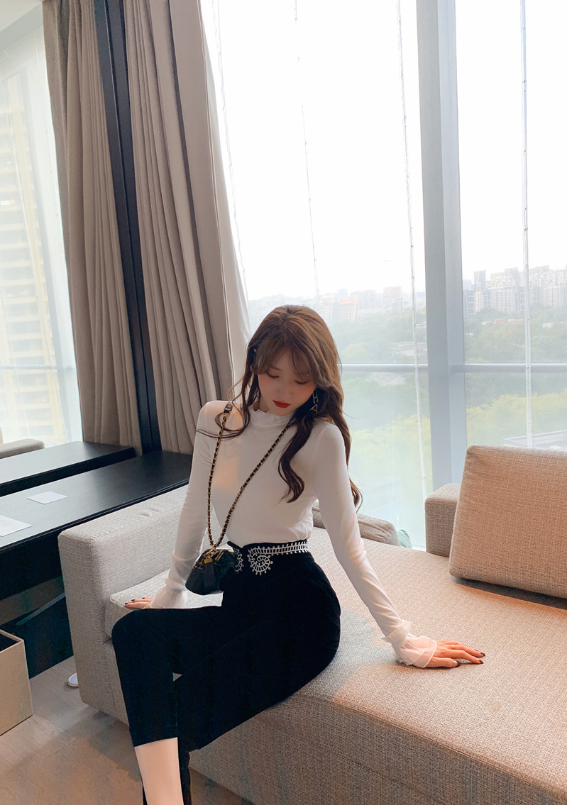 Quần nhung nữ cạp cao họa tiết thêu ống skinny — Màu đen chi tiết 16