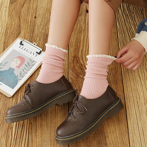 Duidui Socks for Women Japanese Double-needle Vertical Striped Lace Small Lace Women's Socks Autumn and Winter Solid Color Short Boot Socks Wholesale