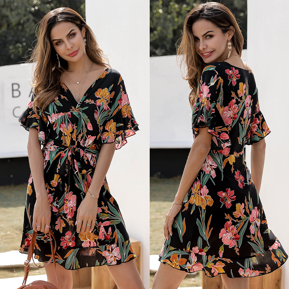 ruffled v-neck short printed dress  NSSA40034